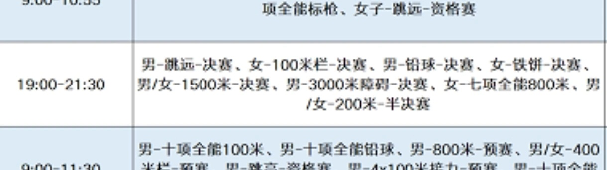 亚运会田径项目赛程一览